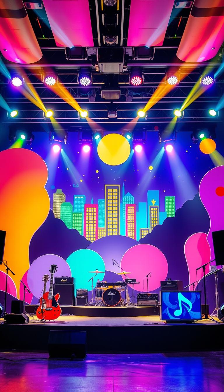 A vibrant and colorful cartoon stage design tailored for an adult concert, featuring playful yet sophisticated elements