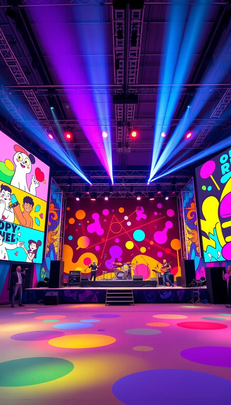 A vibrant and colorful cartoon-style stage design for an adults' concert, featuring large LED screens displaying animated visuals