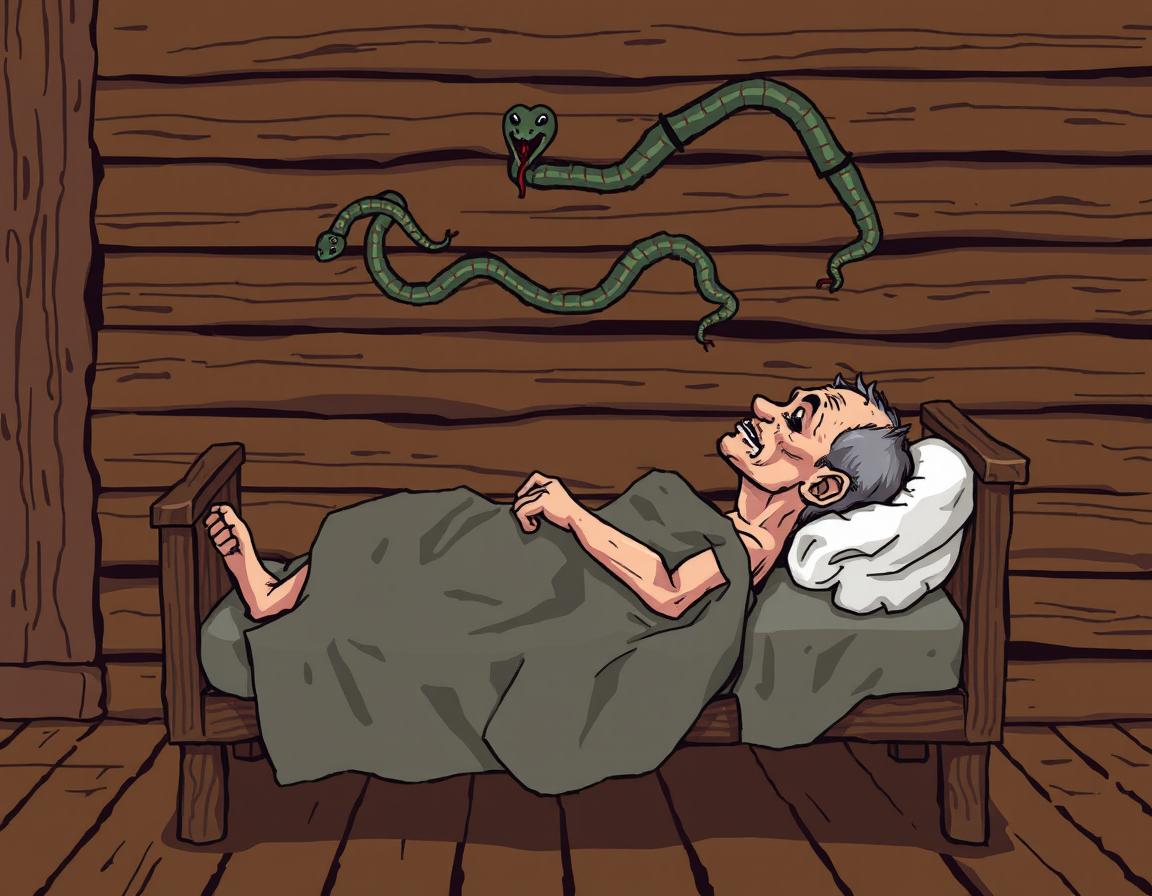 A medieval old thin man lying flat on his back in a small bed, positioned in front of a rustic wooden wall