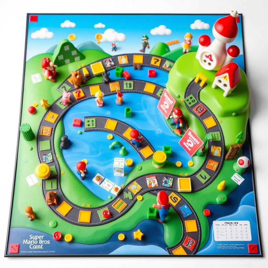 A whimsical board game design themed around Super Mario Bros, featuring a colorful and winding road that comprises 50 distinct spaces, each representing various iconic settings from the Super Mario universe