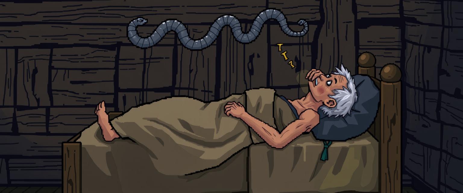 A medieval old thin man lying flat on his back in a small bed, situated in front of a rustic wooden wall