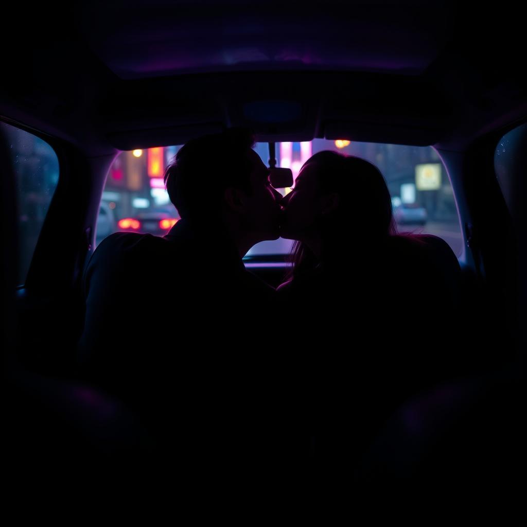 A captivating scene inside a car, featuring two people sitting back to back while passionately kissing
