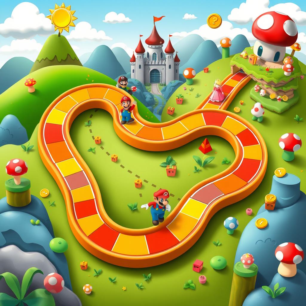 A whimsical board game design themed around Super Mario Bros, featuring a colorful, winding road that consists of 50 distinct spaces
