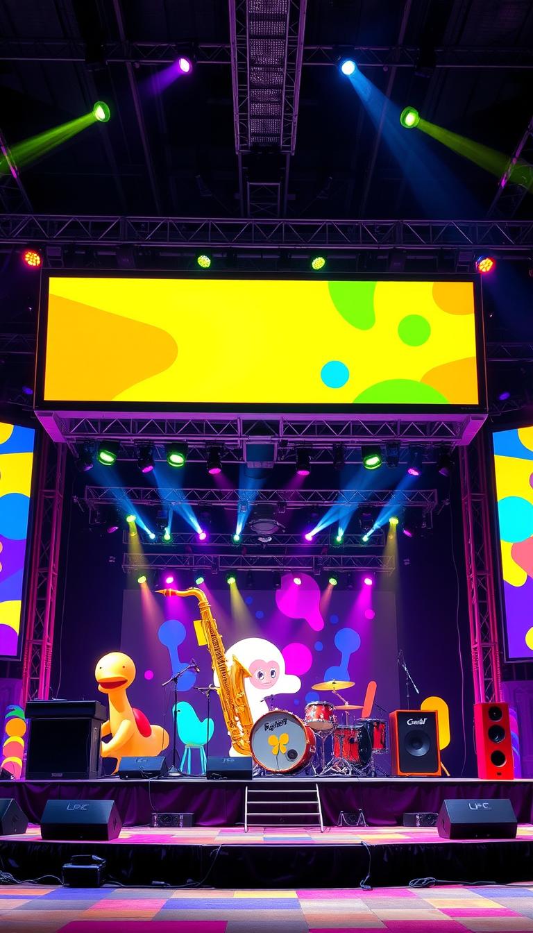 A colorful cartoon-style stage design for an adults' concert, prominently featuring large, vivid LED screens displaying animated graphics and visuals