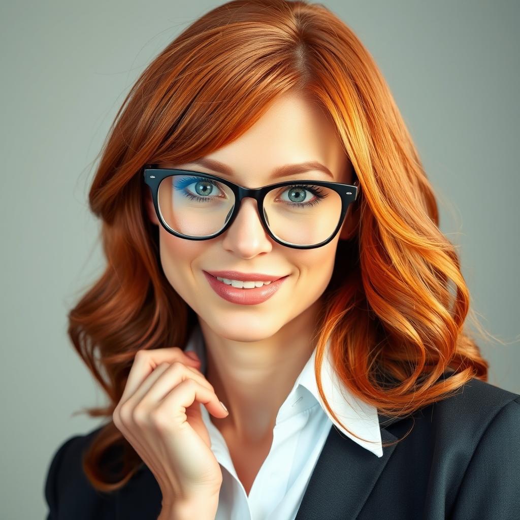 A 40-year-old attractive redhead woman, wearing stylish glasses that she is enticingly biting