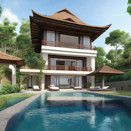 Terraced two-story Balinese villa with sea view. Sat on a 100m2 plot, with a 60m2 first floor containing a living room, bedroom, and bathroom. The second floor features an infinity pool, carport, and balcony. Notably, the villa does not have a roof.