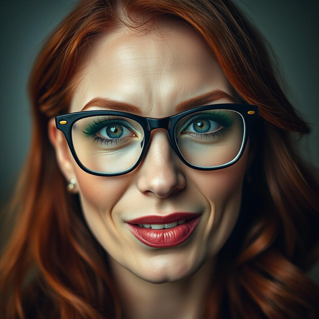 A stunning 40-year-old redhead woman with captivating glasses, featuring a very detailed face showcasing her striking features, including a defined square jawline