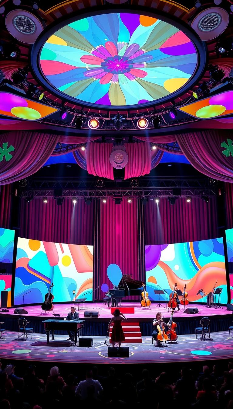 A colorful cartoon-style stage design for an adults' concert featuring an orchestra, with a sophisticated yet playful aesthetic