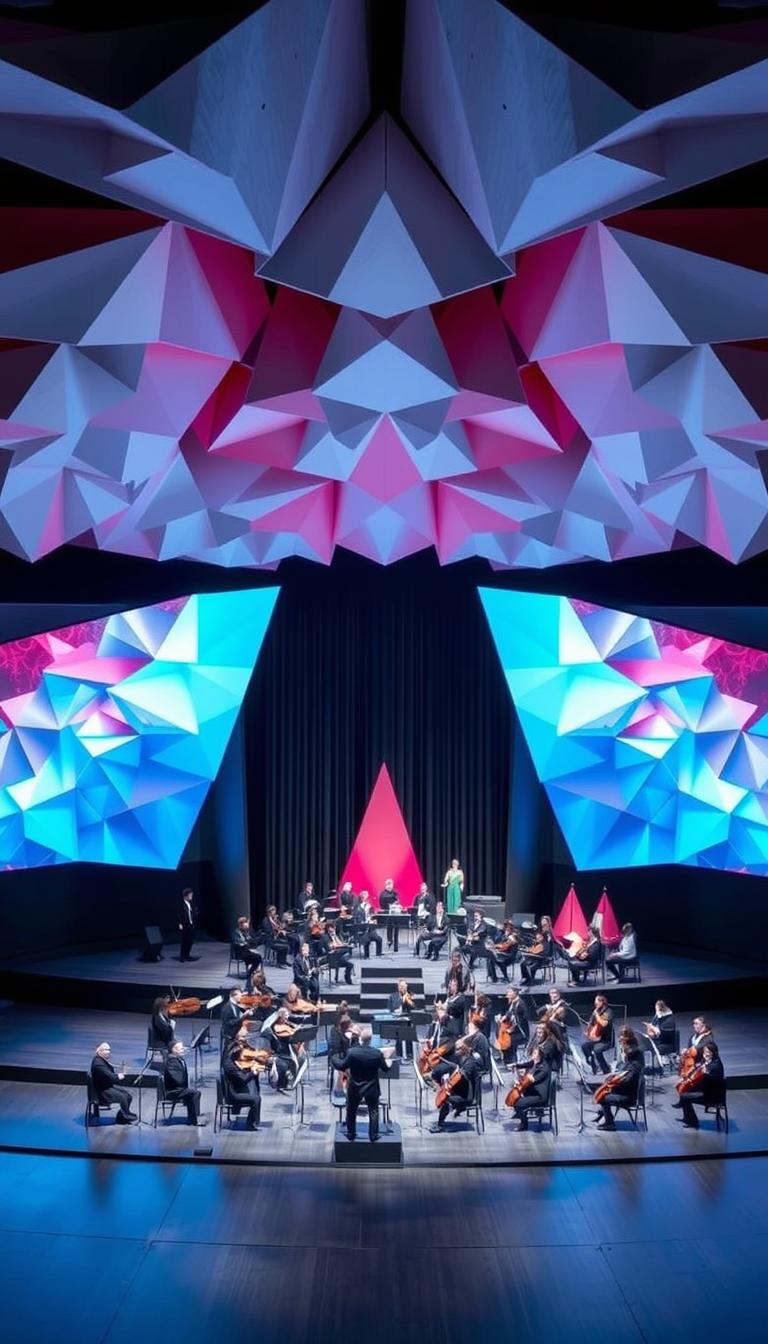 An origami-inspired stage design for an adults' concert, featuring a sophisticated aesthetic with intricate folded paper-like structures
