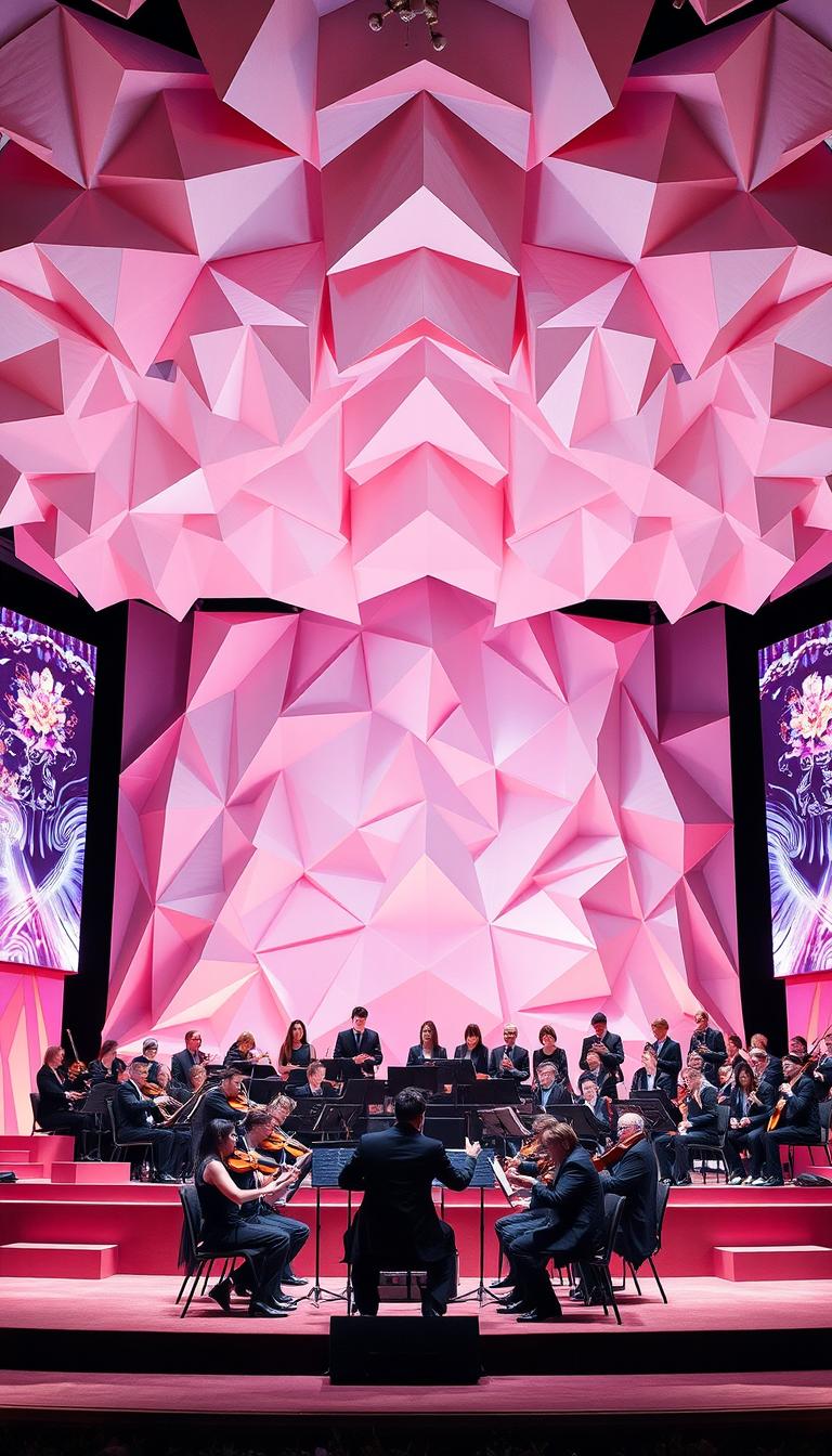 An origami-inspired stage design for an adults' concert that features sophisticated and artistic elements