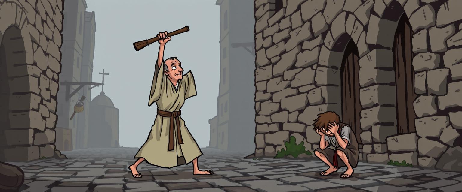A thin medieval cleric wearing a simple robe is depicted in a dramatic scene, raising a cudgel high above his head as he prepares to strike a thin medieval beggar boy