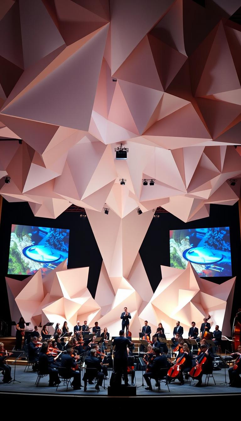 An origami-inspired stage design tailored for an adults' concert, showcasing a beautiful blend of elegance and artistry