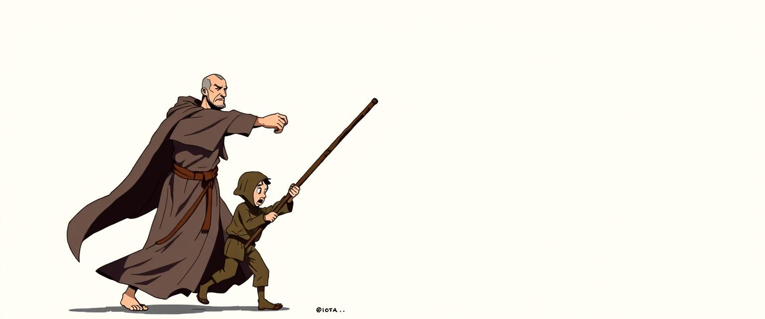 A thin medieval cleric is depicted striking a thin medieval beggar boy with a walking stick