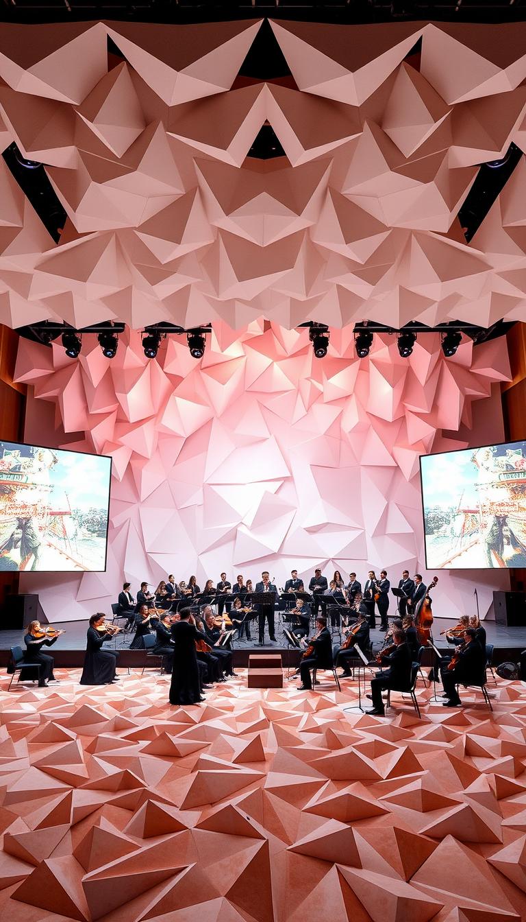An origami-inspired stage design for an adults' concert, featuring a visually striking backdrop of intricate, large-scale origami structures that evoke elegance and creativity