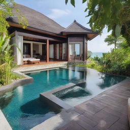 Terraced two-story Balinese villa with sea view. Sat on a 100m2 plot, with a 60m2 first floor containing a living room, bedroom, and bathroom. The second floor features an infinity pool, carport, and balcony. Notably, the villa does not have a roof.