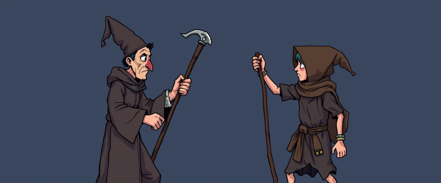 A thin medieval cleric wielding a walking stick is engaged in a confrontation with a thin medieval beggar boy, depicting tension between the two figures