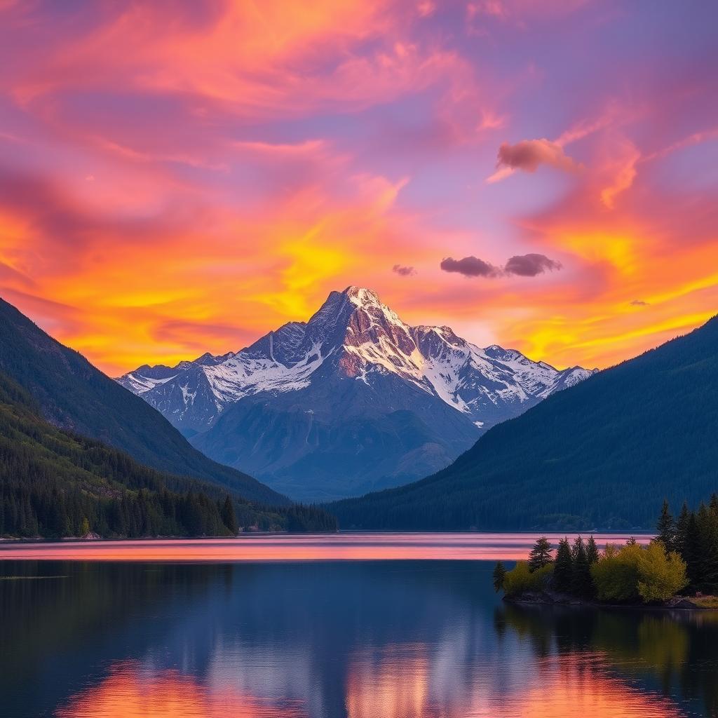 A serene landscape featuring a majestic mountain range under a vibrant sunset sky, reflecting warm hues of orange and purple