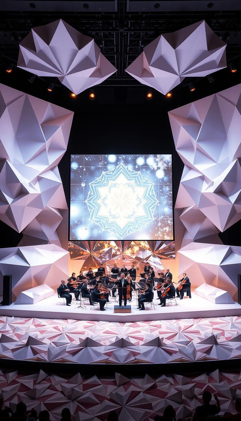 An origami-inspired stage design for an adults' concert, featuring an eye-catching centerpiece with a large, fancy middle LED screen displaying stunning animations and visuals that enhance the performance