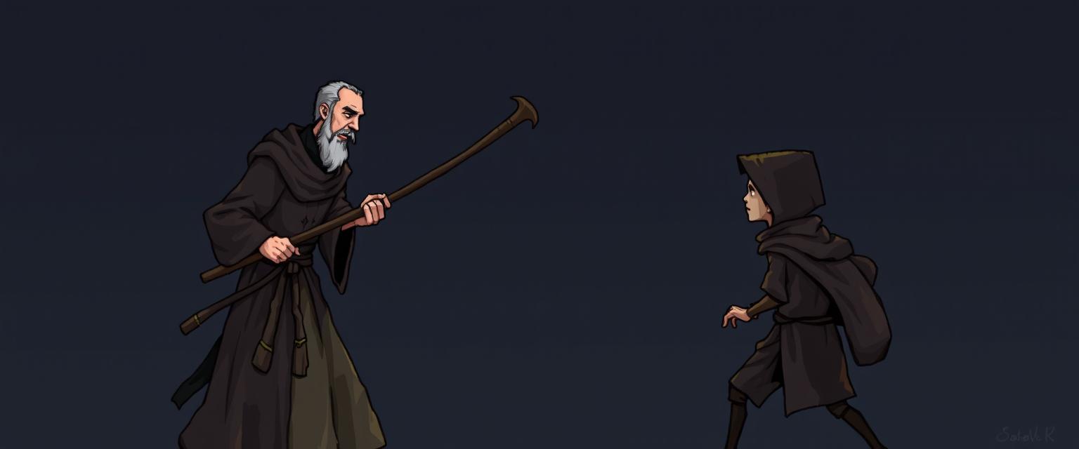 A thin medieval cleric wielding a walking stick is engaged in a confrontation with a thin medieval beggar boy, both dressed in tattered night clothing and without hats