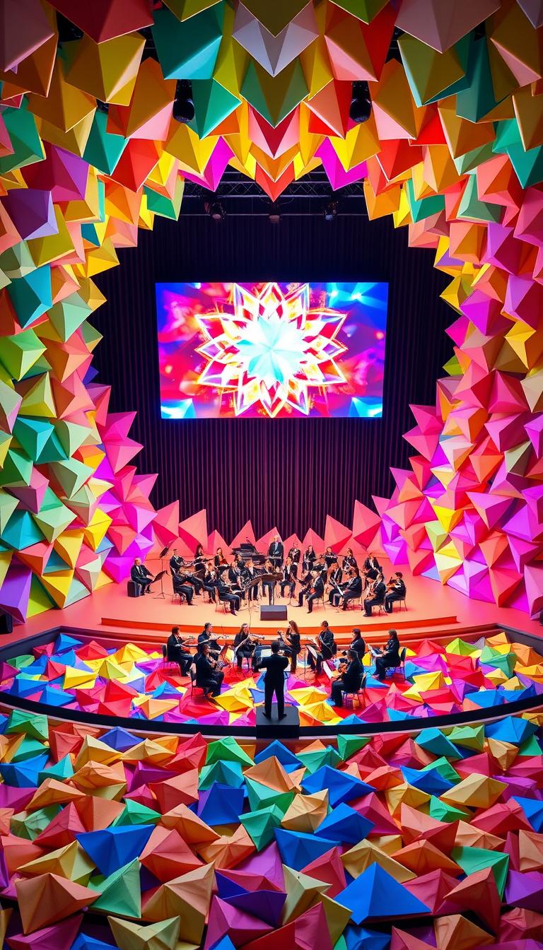 A vibrant and colorful origami-inspired stage design for an adults' concert, featuring a stunning centerpiece with a large, fancy middle LED screen that showcases dynamic and engaging visuals