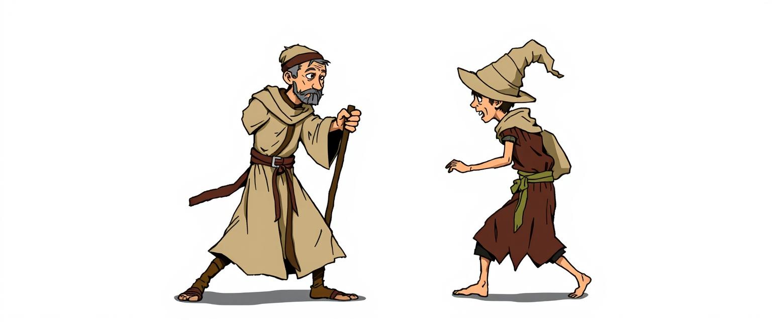A thin medieval cleric with a walking stick is in a dynamic stance, engaged in a fight with a thin medieval beggar boy