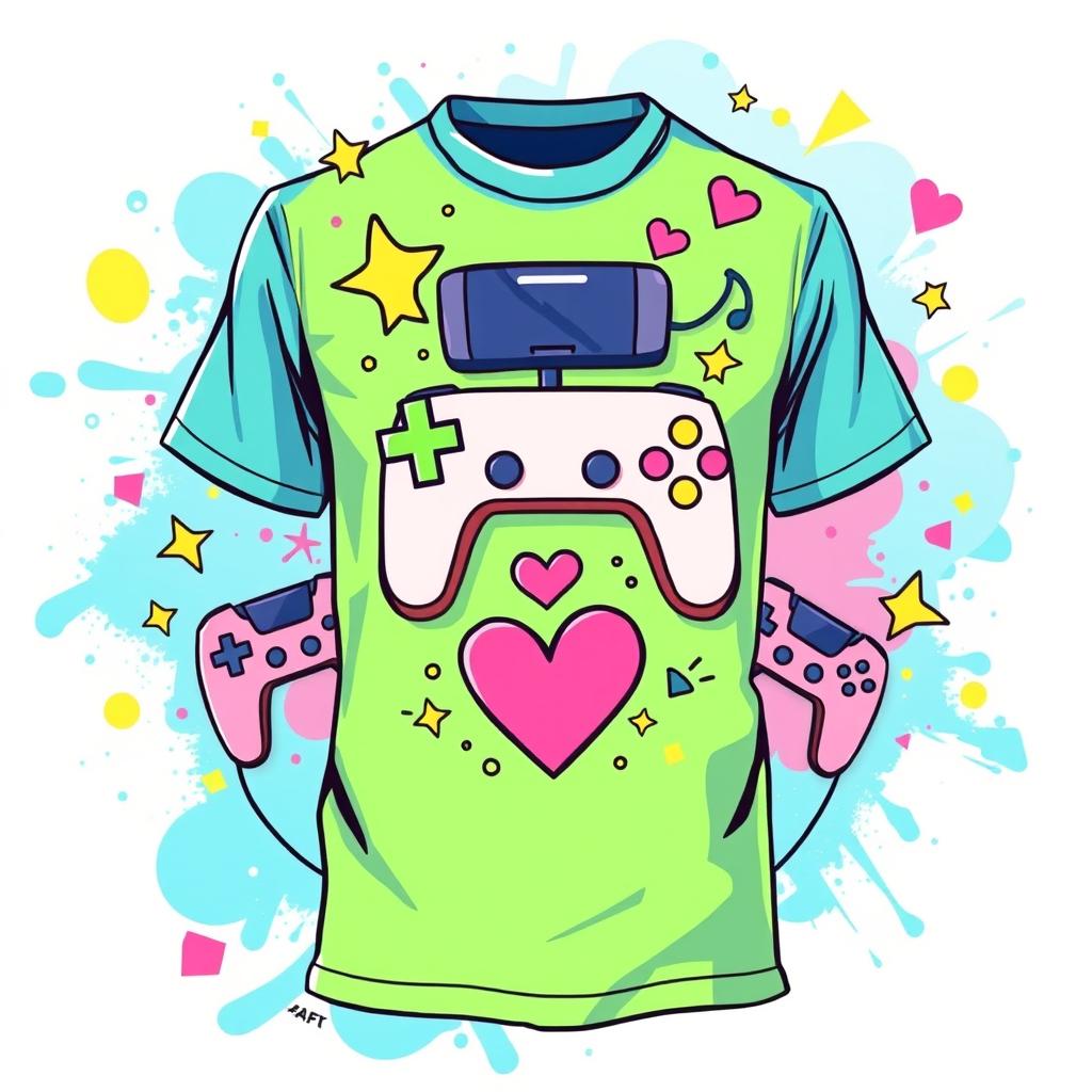 A vibrant and playful t-shirt design featuring a whimsical illustration inspired by gaming and playful themes