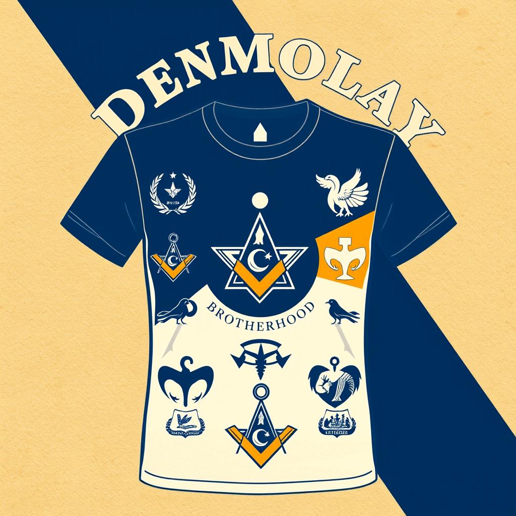 A stylish t-shirt design themed around DeMolay, featuring symbols and elements associated with the organization such as the DeMolay emblem, the five points of the star, and iconic imagery representing brotherhood, courage, and loyalty