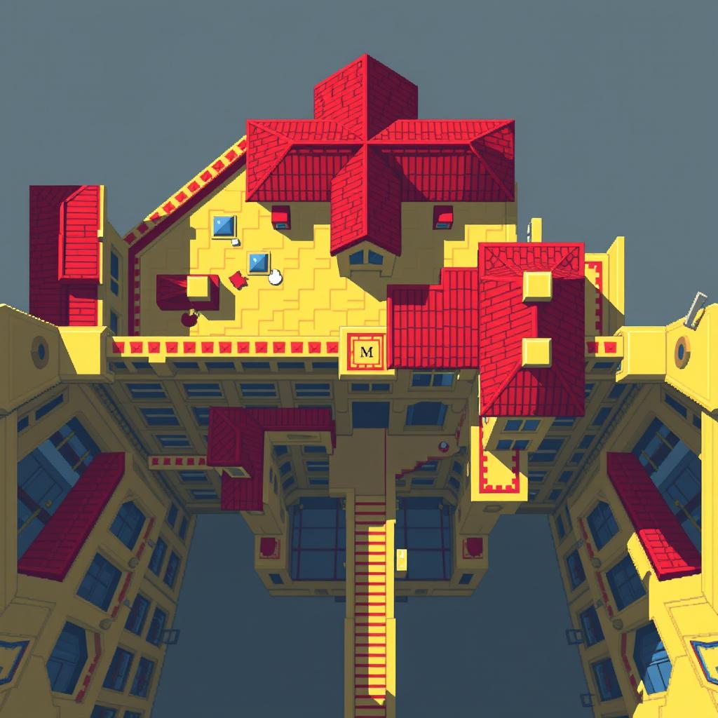 A detailed pixel art representation of a building viewed from the top, prominently featuring a color palette of yellow and red