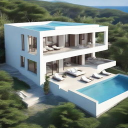 A two-story, sea view villa designed with terraced contours and without a roof. It's situated on a 100m2 land area, with the first floor covering 60m2. The second floor boasts an infinity pool, carport, and balcony. Each floor contains a living room, bedroom, and bathroom.