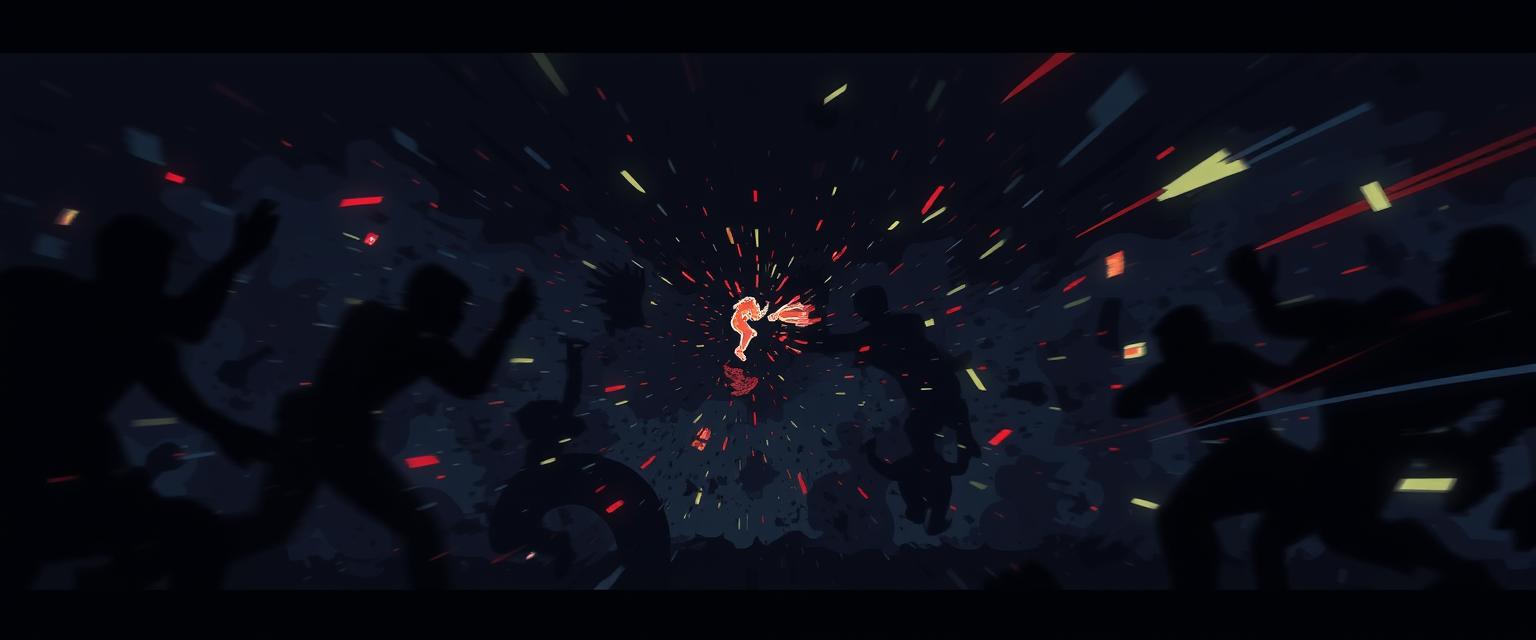 A dynamic and dark scene representing a brawl, illustrated in a pixellated style