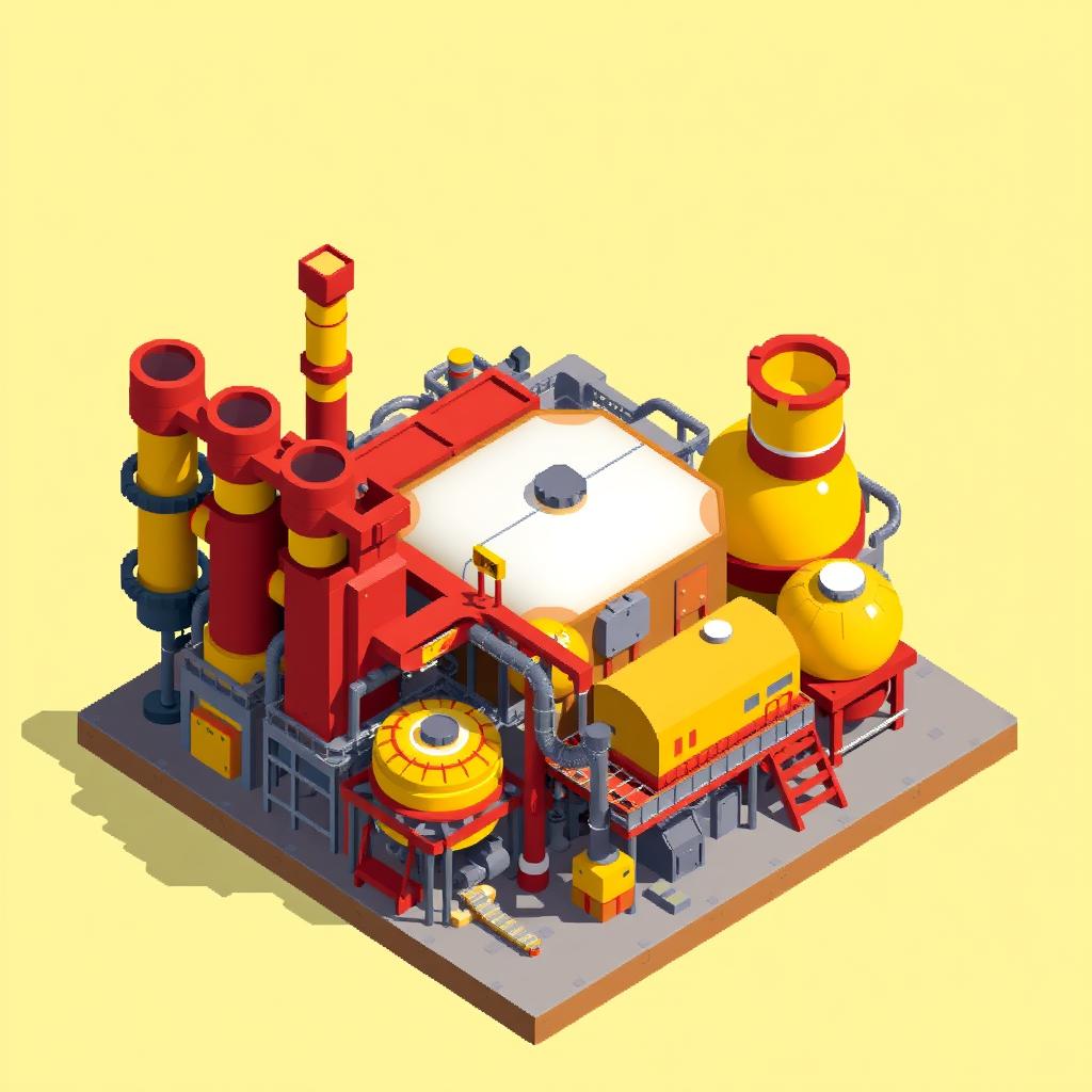 A small pixel art representation of a mining refinery building viewed from the top, designed in vibrant yellow and red colors