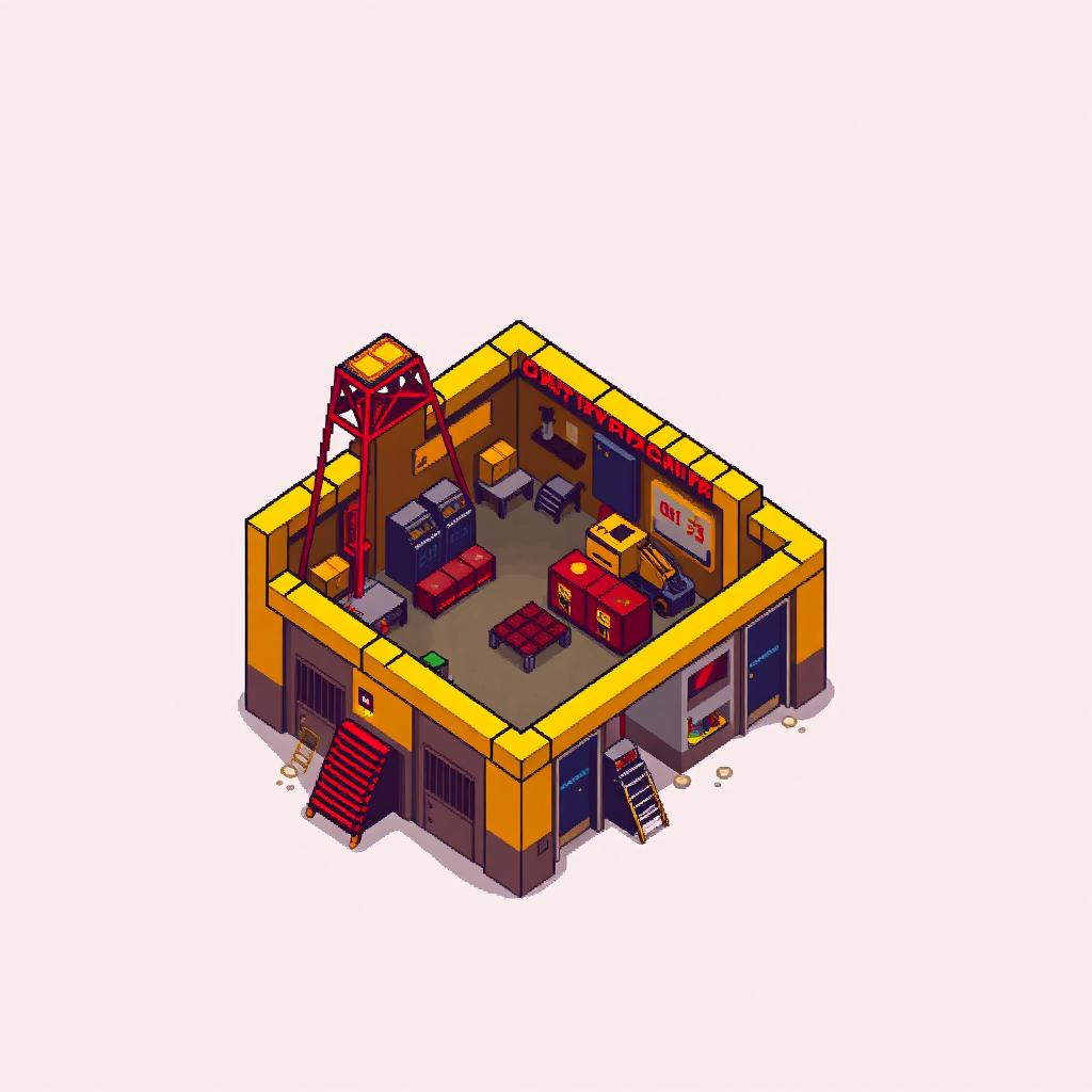 A small pixel art representation of a mining building viewed from the top, designed in vibrant yellow and red colors
