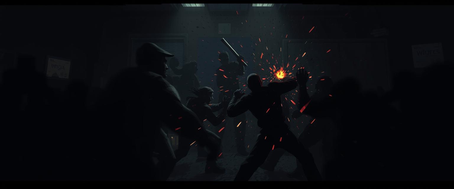 A captivating and dark scene of a brawl set in a very dimly lit room, illustrated in a pixellated style