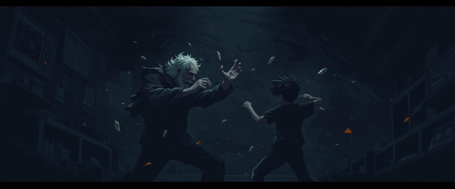A dark scene capturing the essence of a brawl in an extremely dimly lit room