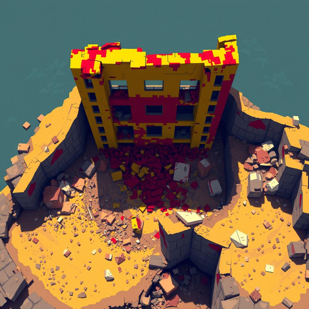 A captivating pixel art scene featuring a destroyed building viewed from the top