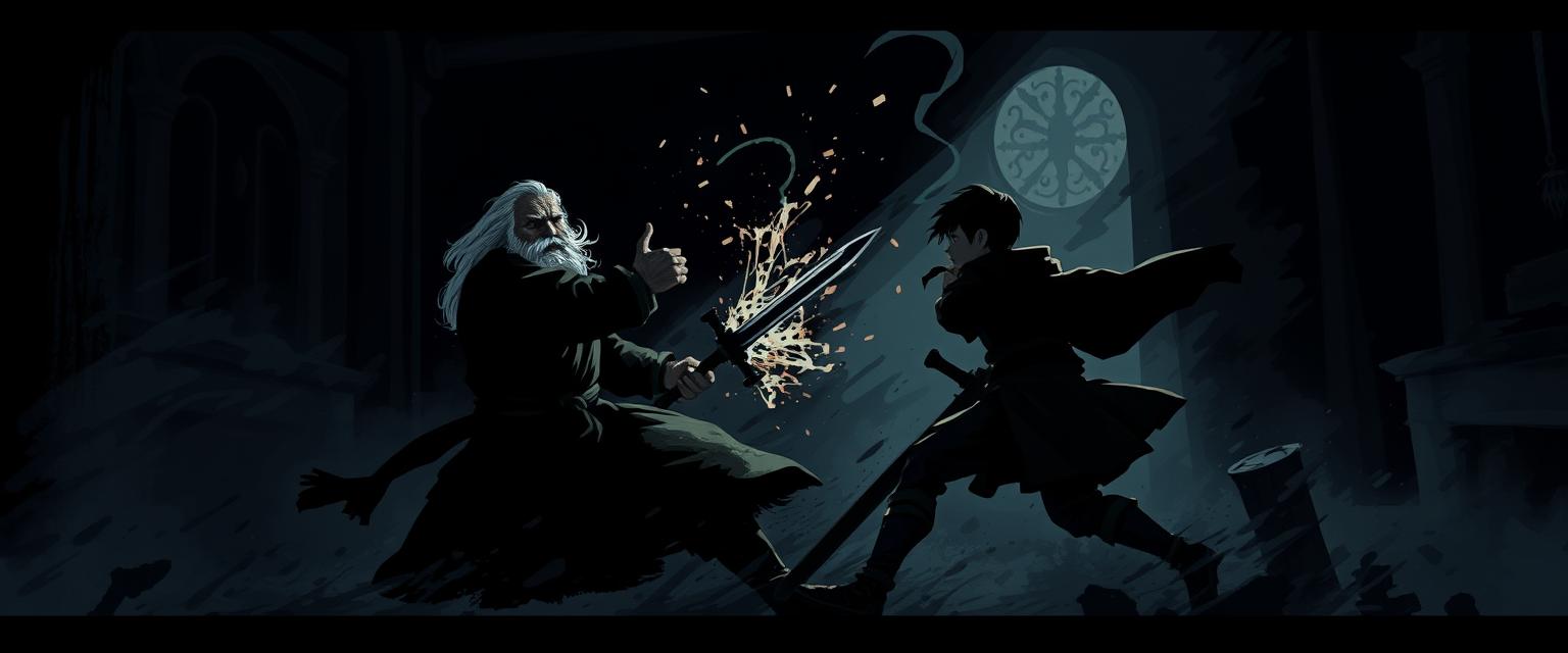 A dark scene depicting a brawl set in a very dimly lit medieval European room