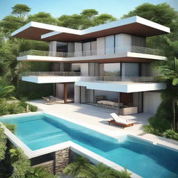 A two-story, sea view villa designed with terraced contours and without a roof. It's situated on a 100m2 land area, with the first floor covering 60m2. The second floor boasts an infinity pool, carport, and balcony. Each floor contains a living room, bedroom, and bathroom.