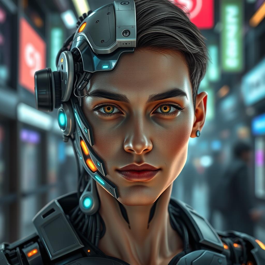 A futuristic cybernetic human with one half of their body transformed into advanced robotic parts, showcasing intricate mechanical details, glowing elements, and sleek designs