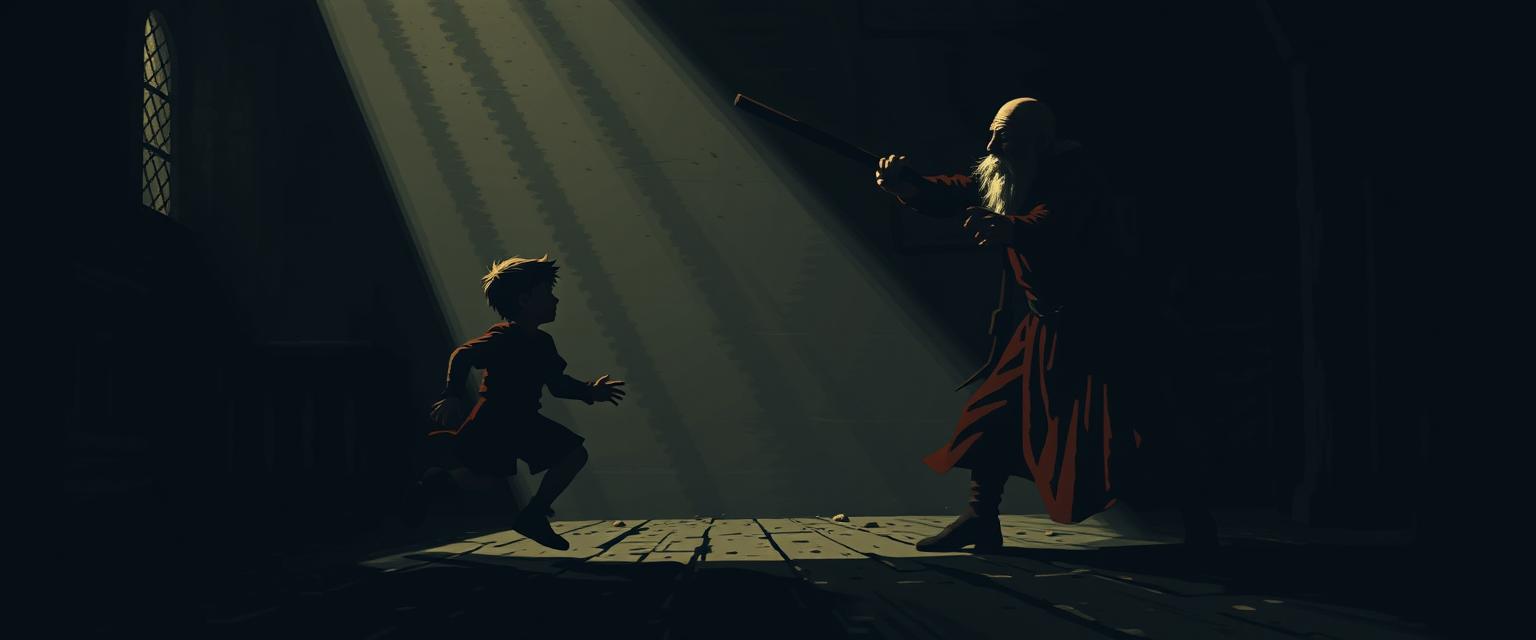 A very dark scene illustrating a brawl set in an extremely dim medieval European room
