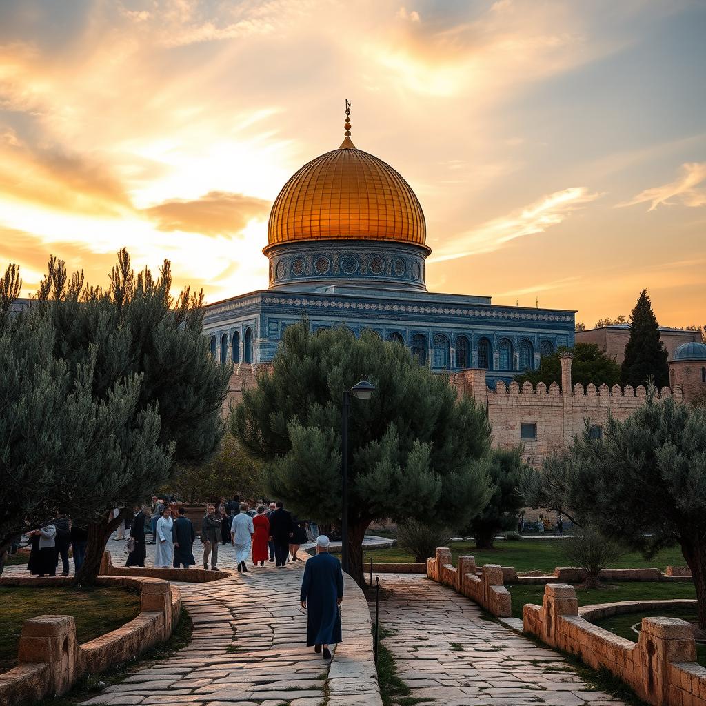 A breathtaking view of Al-Aqsa Mosque, showcasing its iconic golden dome, intricate Islamic architecture, and surrounding features