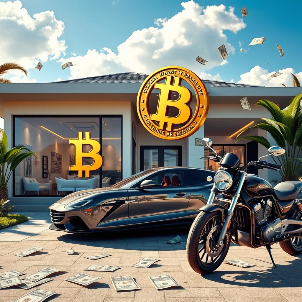 A luxurious scene depicting a modern house with a sleek car parked in the driveway, a stylish motorcycle on display, and a sophisticated golden Bitcoin symbol prominently featured
