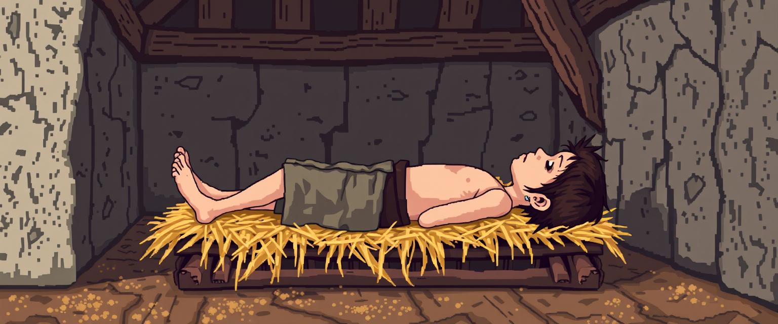 A pixelated depiction of a thin, brunette medieval European peasant boy lying on his back on a straw pallet