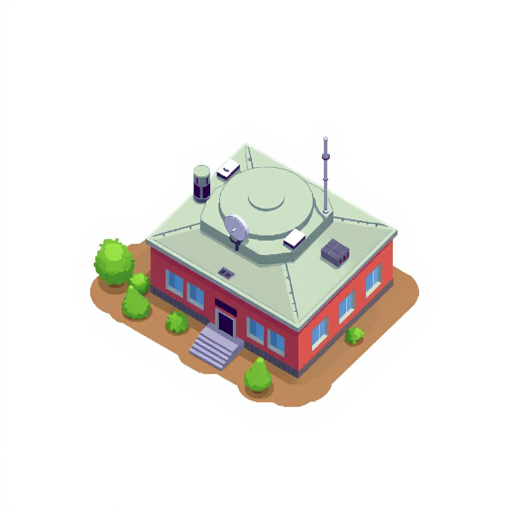 A top-down view of a radar building, designed in 2D pixel art style