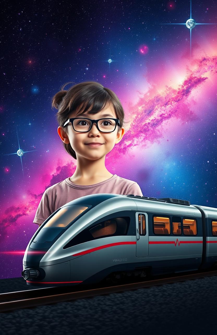 A girl with glasses standing confidently against a stunning galactic background filled with vibrant stars and colorful nebulae