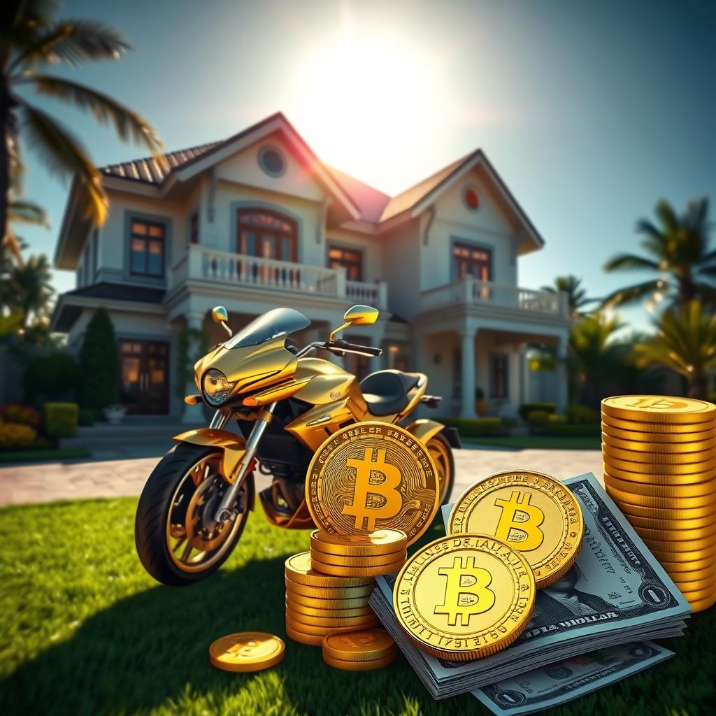 A luxurious scene depicting an opulent house with a shining sun in the background