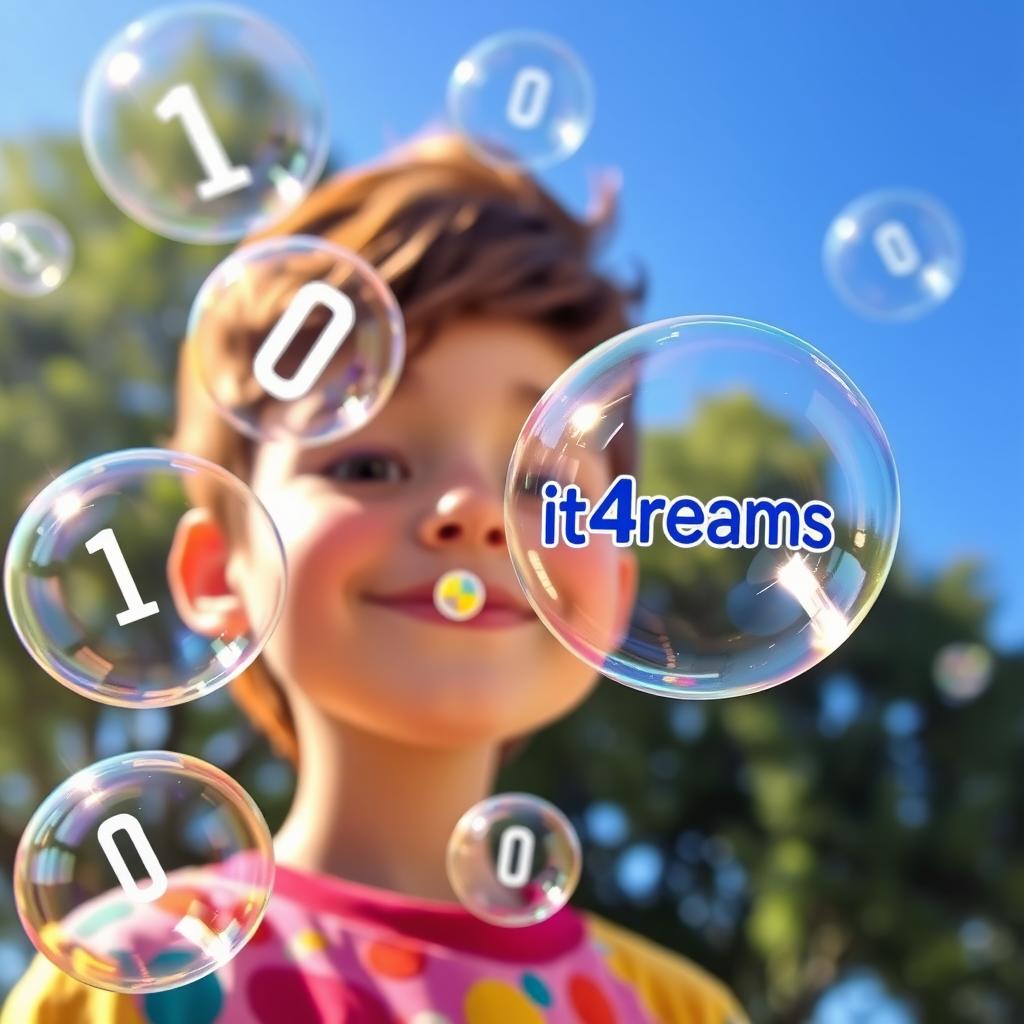 A whimsical scene featuring a youthful character blowing bubbles shaped like binary code (0s and 1s)