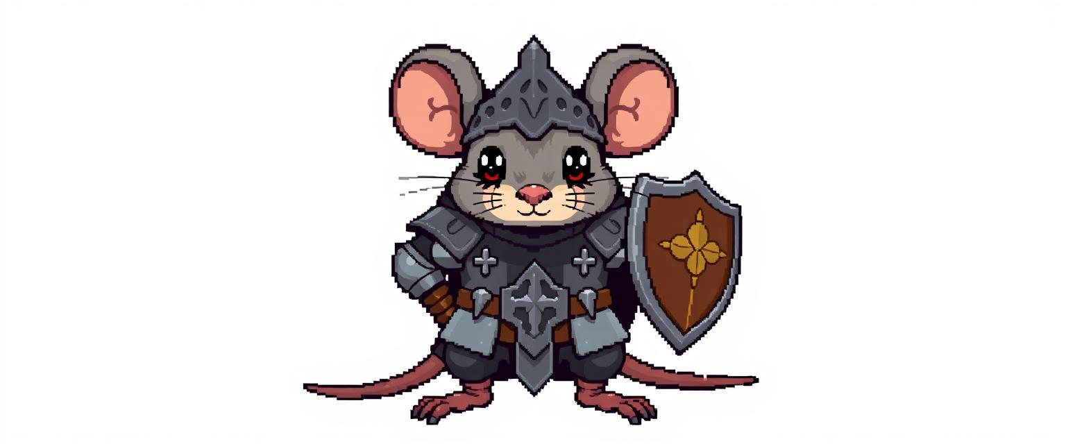 A medieval warrior mouse character, depicted in a front view with a pixelated art style