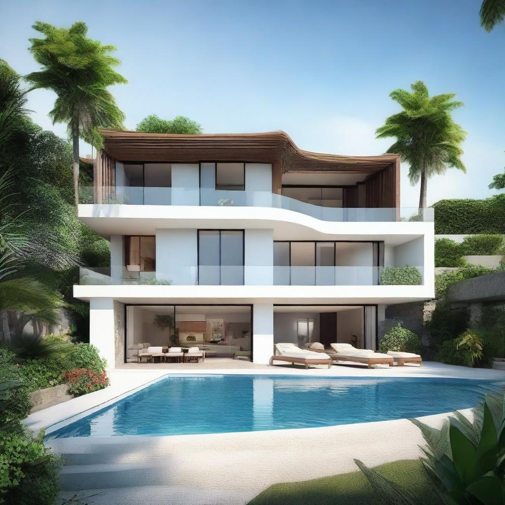 A two-story, sea view villa designed with terraced contours and without a roof. It's situated on a 100m2 land area, with the first floor covering 60m2. The second floor boasts an infinity pool, carport, and balcony. Each floor contains a living room, bedroom, and bathroom.