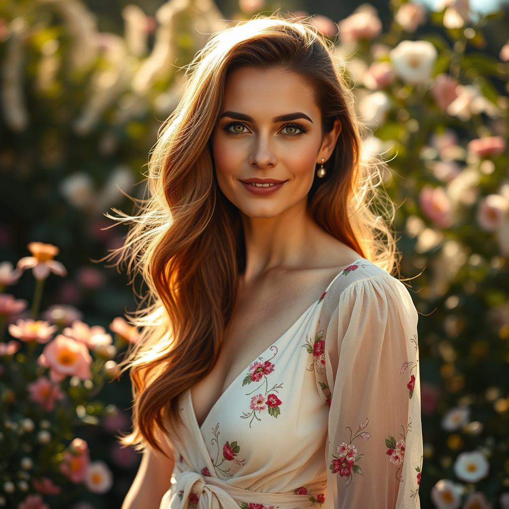 A stunning portrait of a beautiful 40-year-old European woman, showcasing her elegance and poise