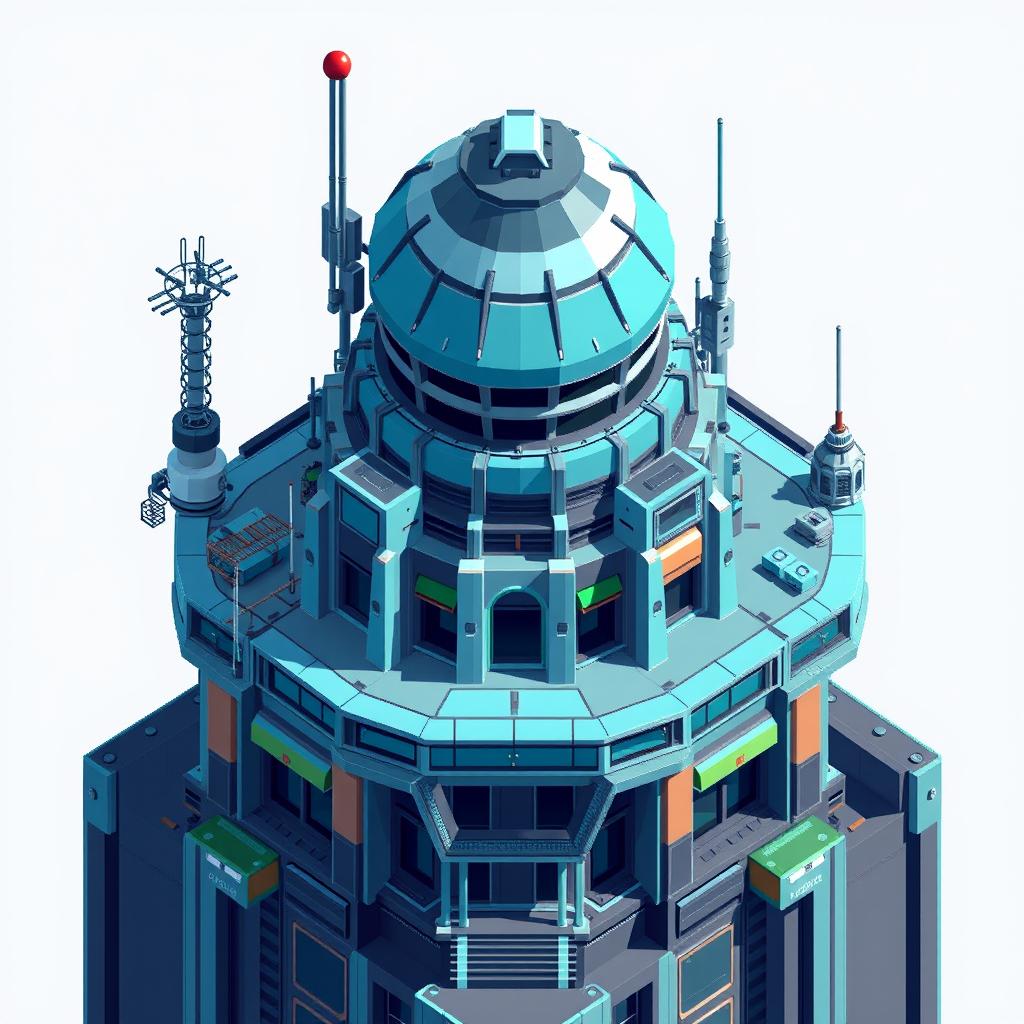 A futuristic radar building designed in 2D pixel art style, viewed from a top-down perspective